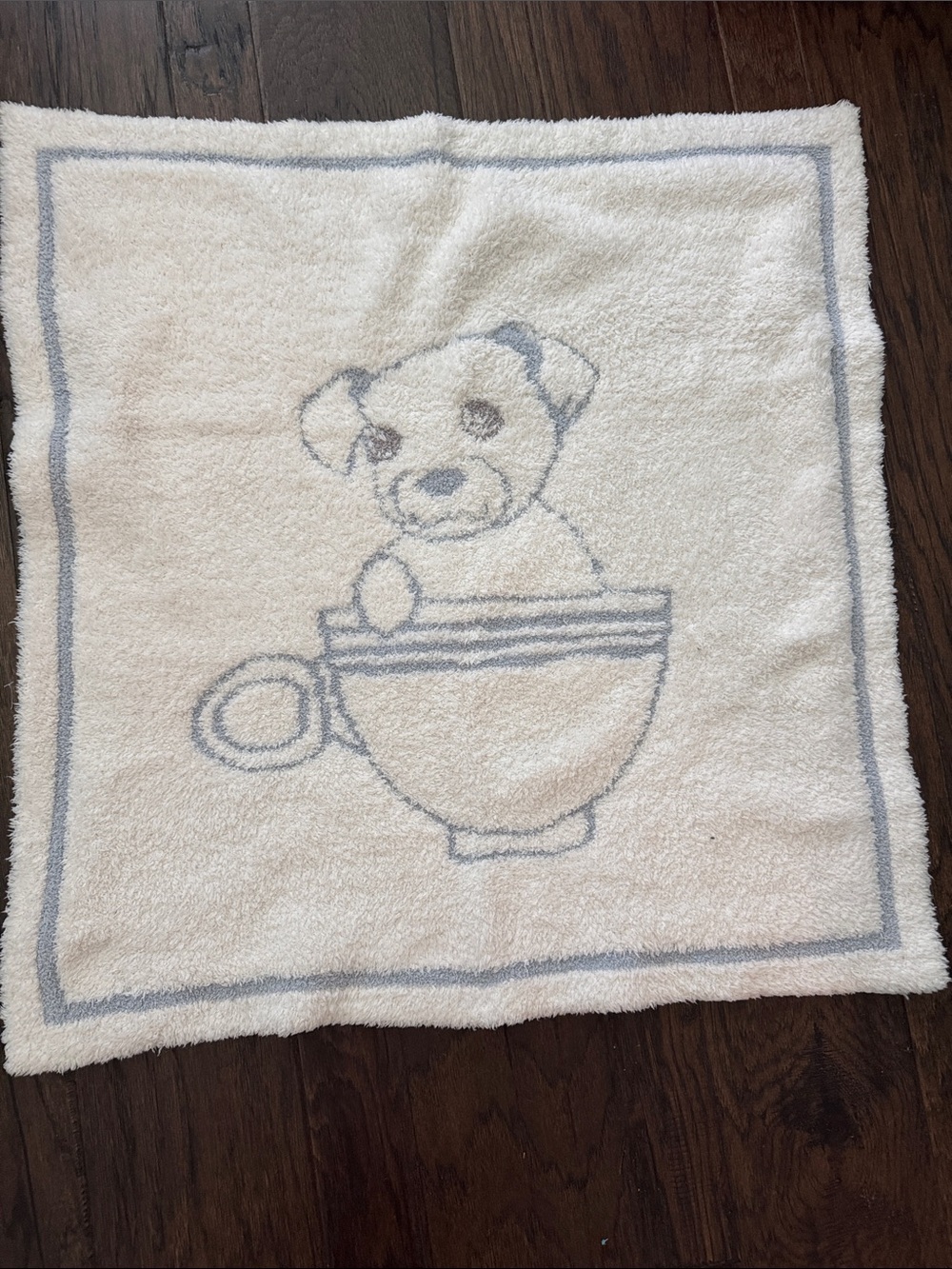 Barefoot Dreams Cream and Light Blue Baby Blanket with Bear in Teacup